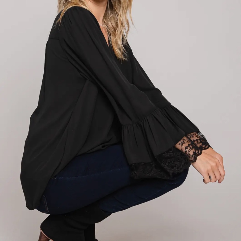 ShopEvelynne Black Lace Cuff Blouse - Picture 2 of 5
